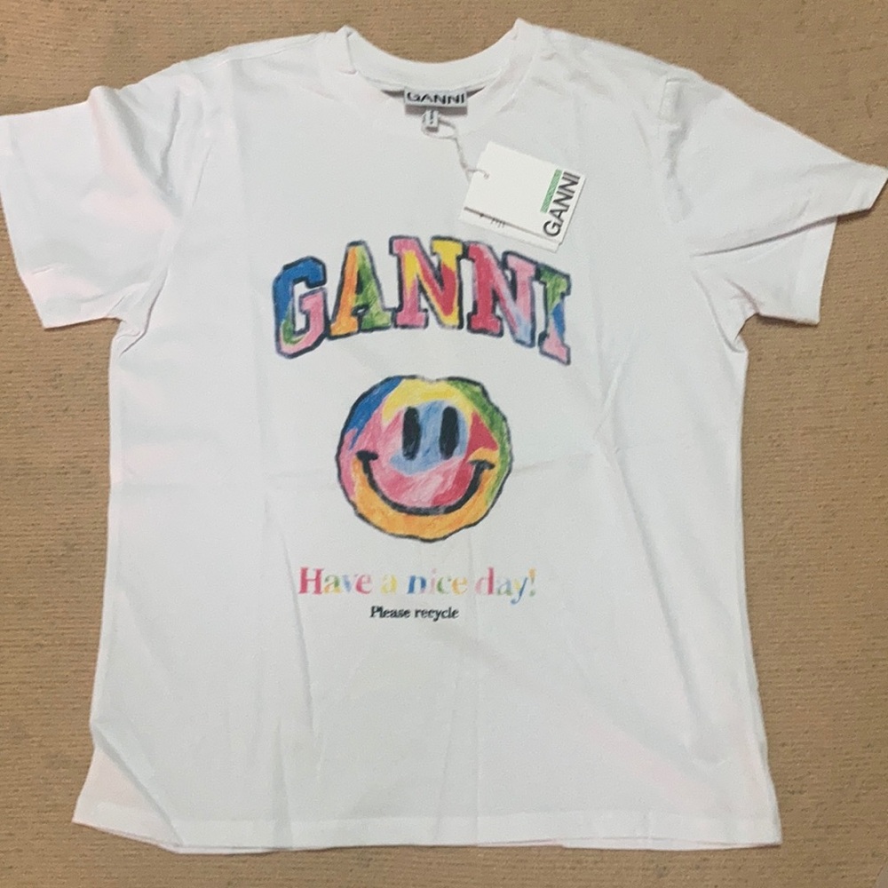 NEW Ganni Brand Shirt white Smiling Face Top